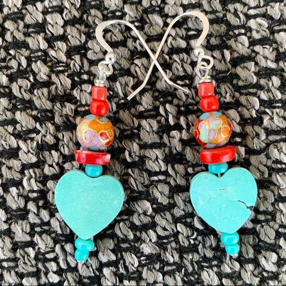 ❣️SALE Turquoise Heart & Vintage Red Bead Earrings - Picture 12 of 12